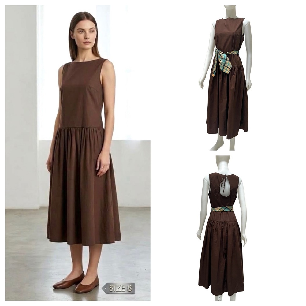 Drop Waist Midi Dress Chocolate Brown Cotton Keyhole Back Lagenook Coastal Sz 8